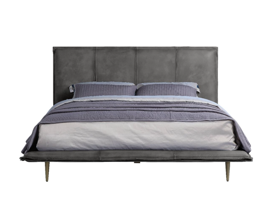 Metis Modern Industrial King Bed in Gray Leather