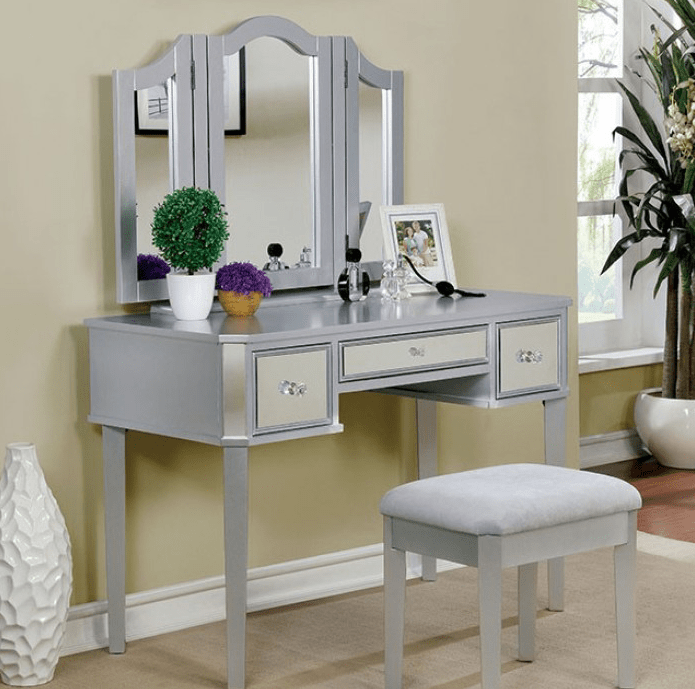 Clarisse Gray Mirrored Contemporary Vanity Set