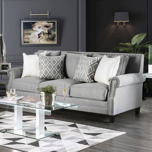 Giovanni Transitional Style Gray Linen Rolled Arm Sofa