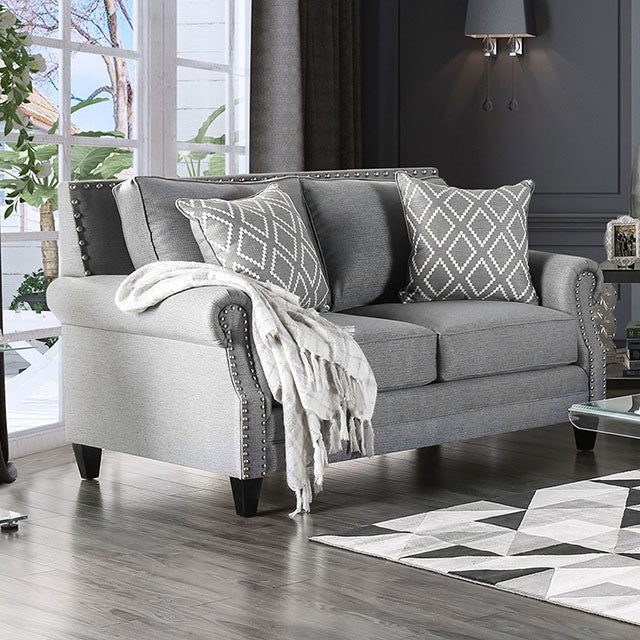 Giovanni Transitional Style Gray Linen Rolled Arm Sofa