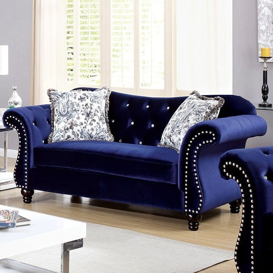 Jolanda Crystal Button Tufted Blue Rolled Arm Loveseat