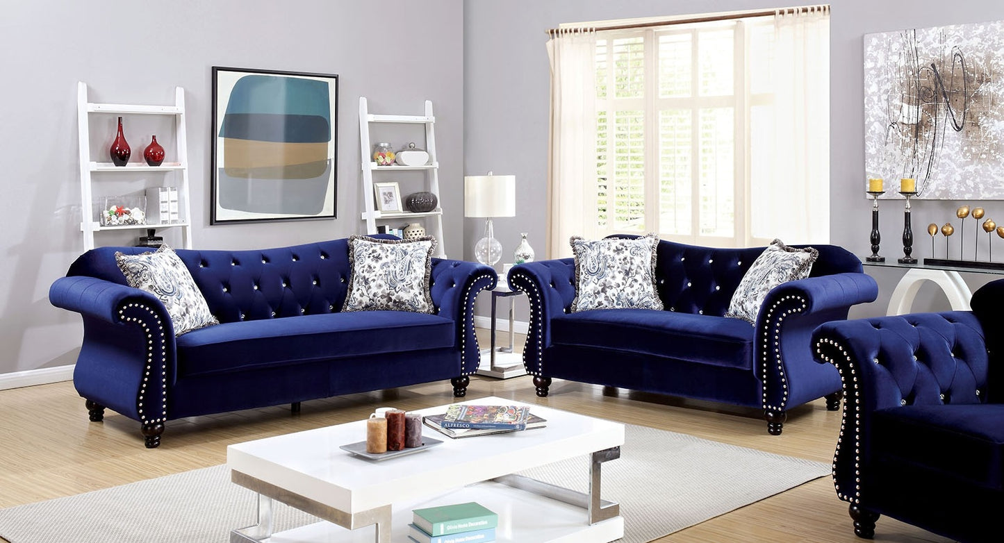 Jolanda Crystal Button Tufted Blue Rolled Arm Sofa & Loveseat Set