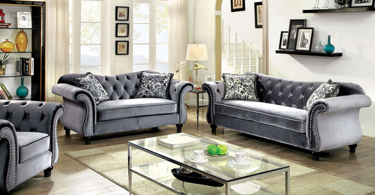 Jolanda Plush Grey Button Tufted Sofa & Loveseat Set