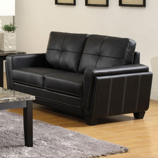 Blacksburg Contemporary Black Leatherette Loveseat w- White Contrast Stitching