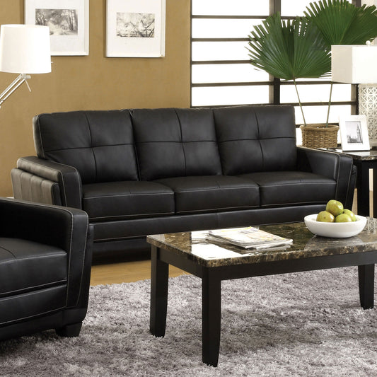 Blacksburg Contemporary Black Leatherette Sofa w- White Contrast Stitching