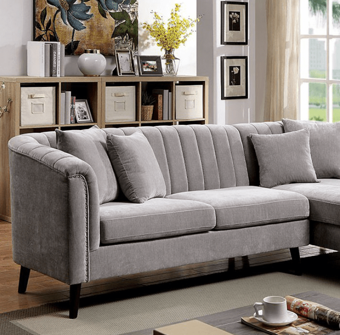 Goodwick Modern Chesterfield Style Sectional in Grey Chenille