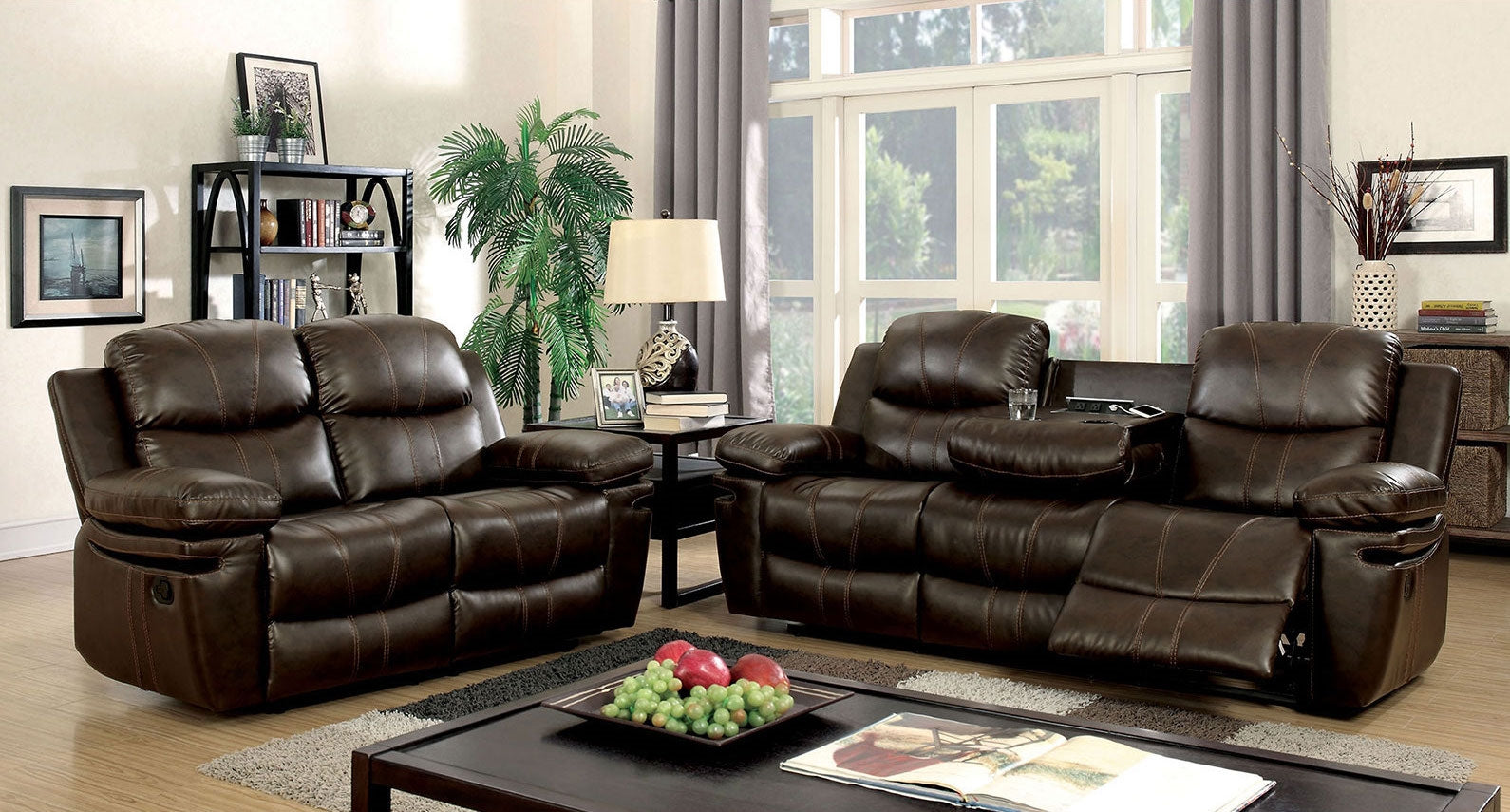 Listowel Transitional Brown Leather Reclining Sofa & Loveseat Set