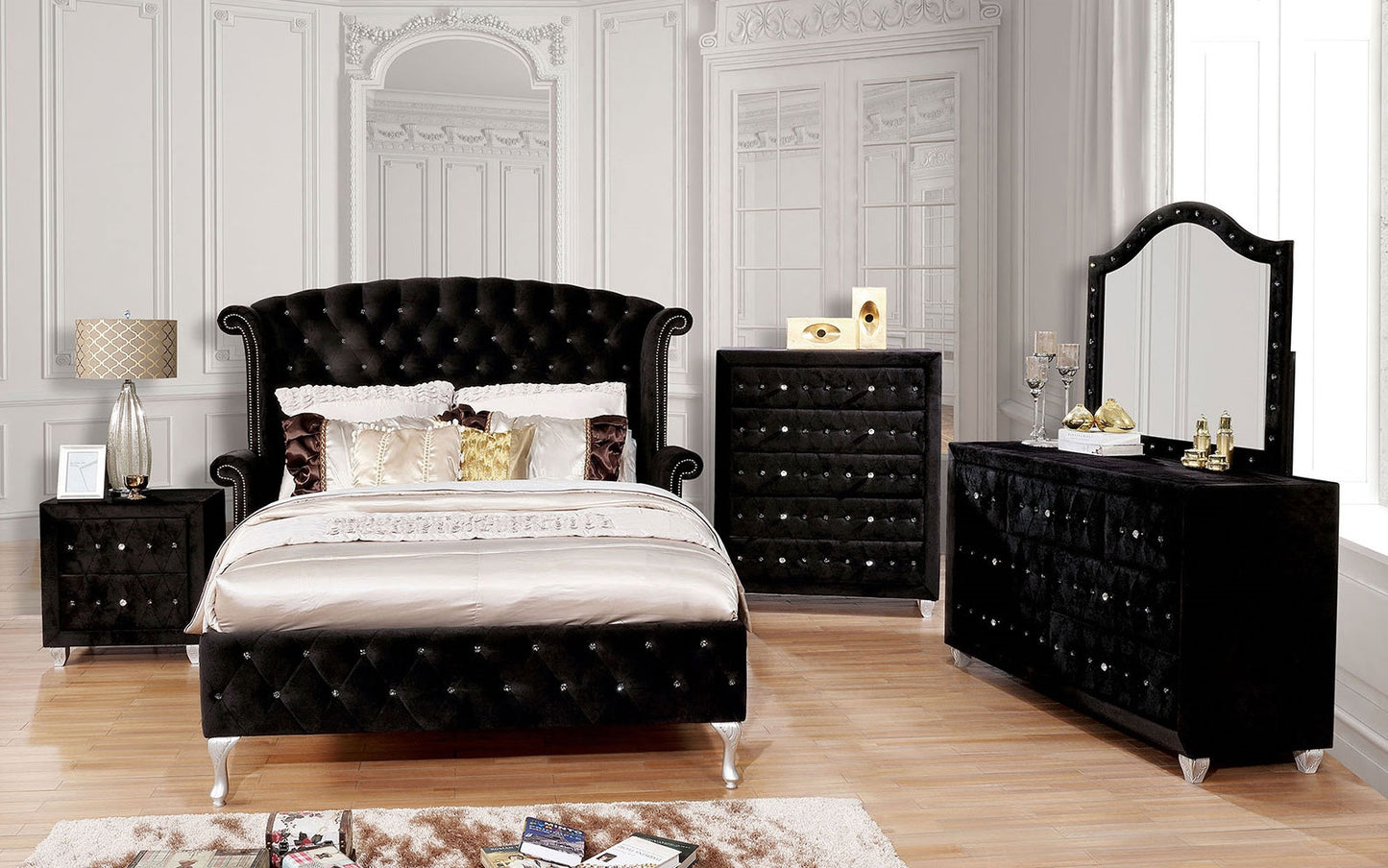 Alzir Glam Style King Size Platform Bed in Black