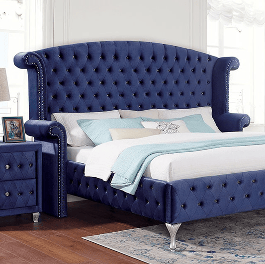 Alzir Glam Style Queen Size Platform Bed in Blue