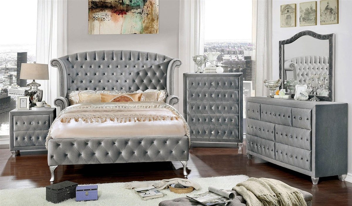 Alzir Glam Style Queen Size Platform Bed in Gray