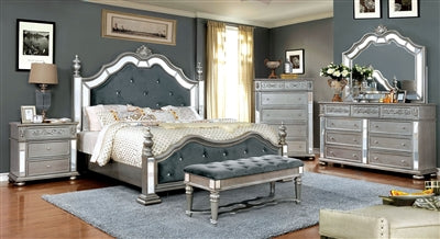 Azha Transitional Glam Style Silver King Bed