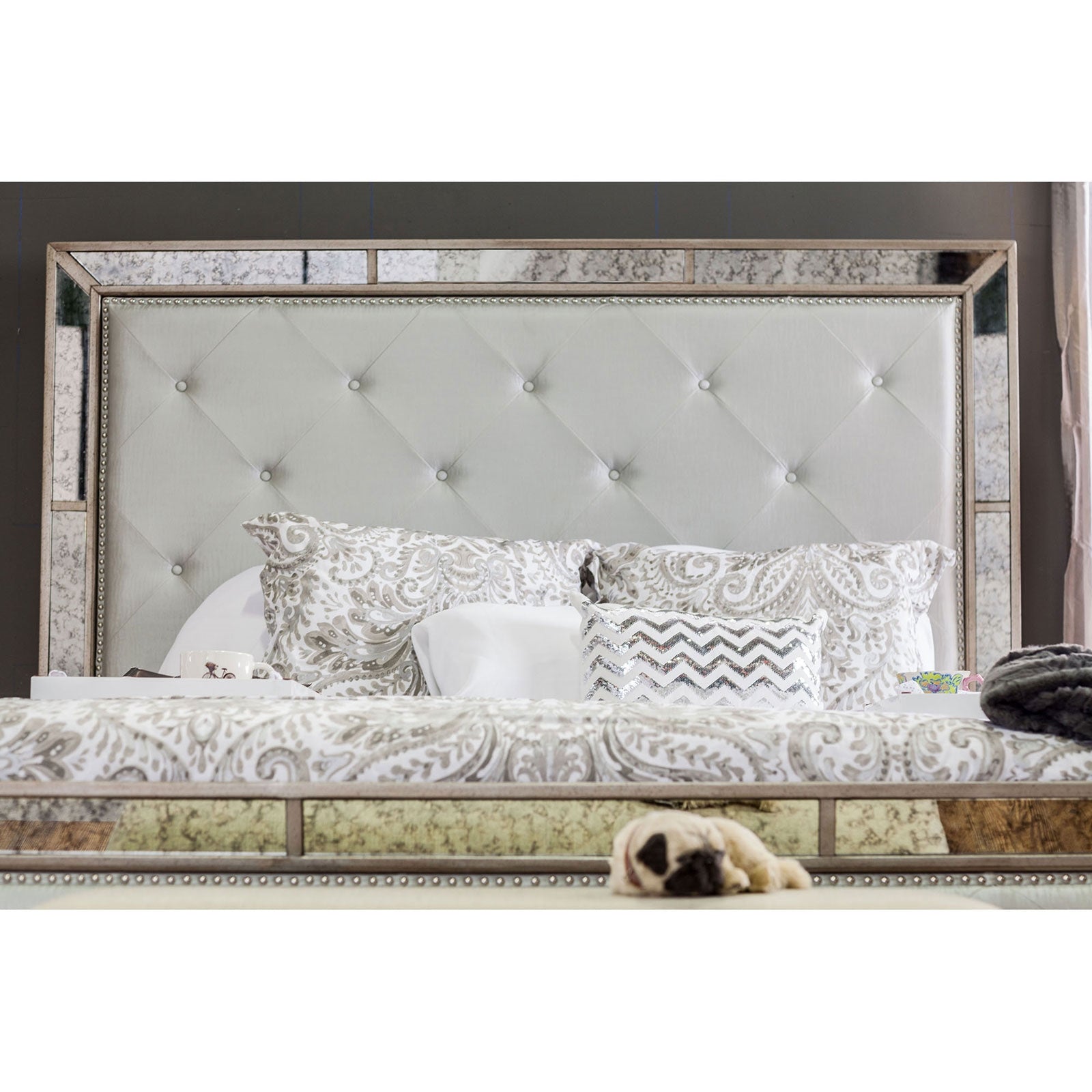 Loraine Glam Style King Bed with Antique Mirror Accents - Furniture of America 7195