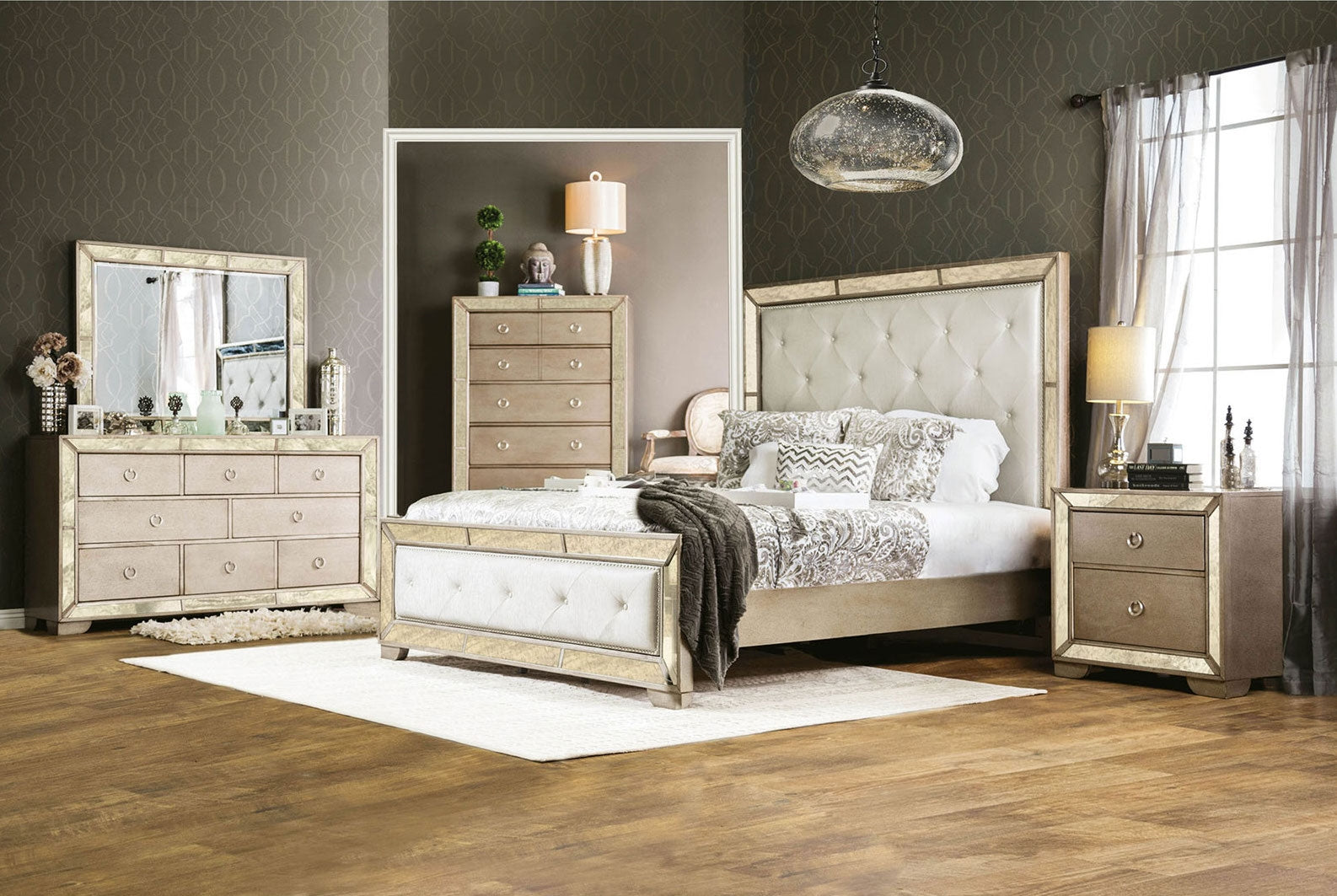 Loraine Glam Style King Bed with Antique Mirror Accents - Furniture of America 7195