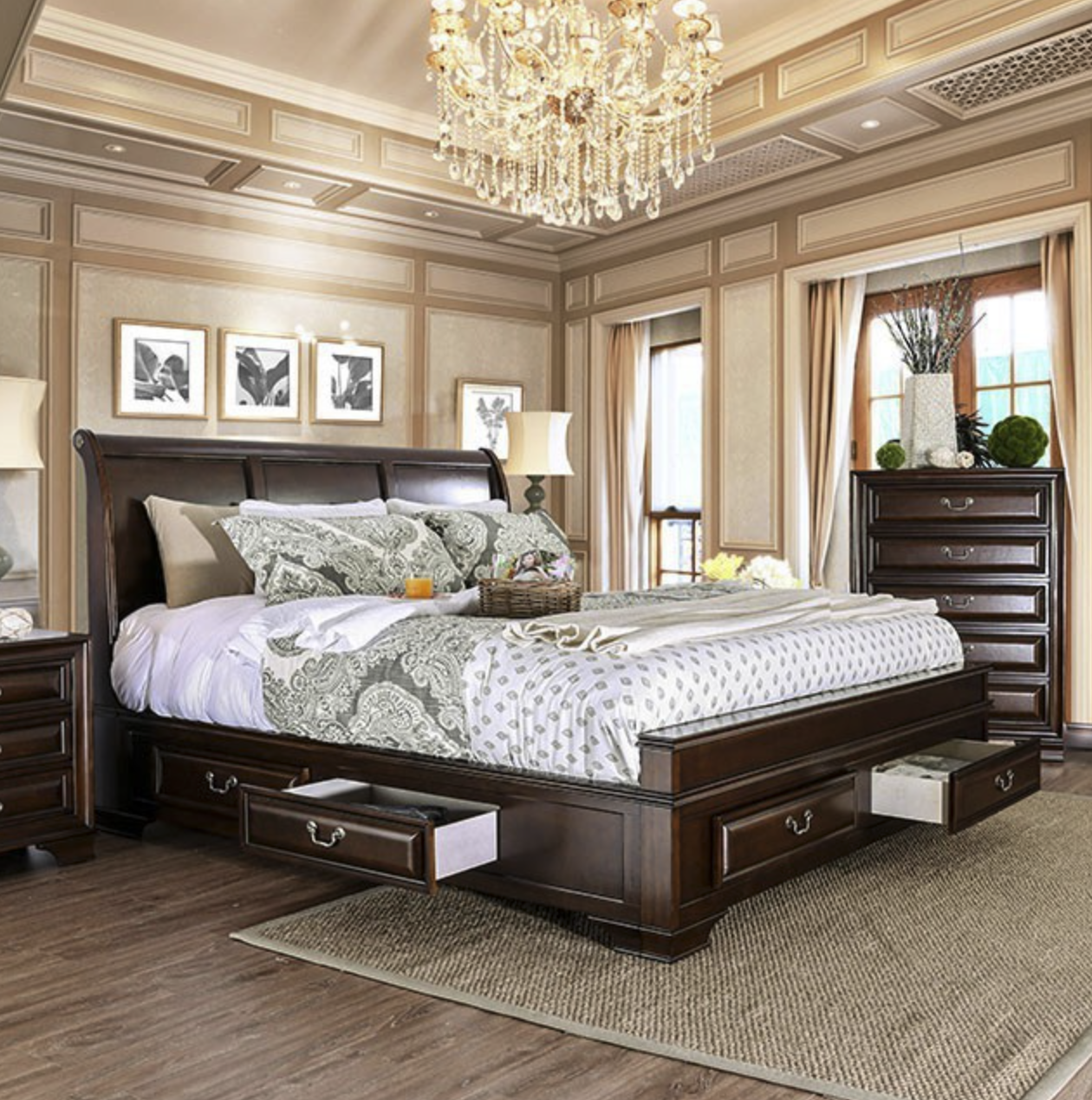 Brant Transitional King Storage Bed with Cedar Lined Drawers in Brown Cherry