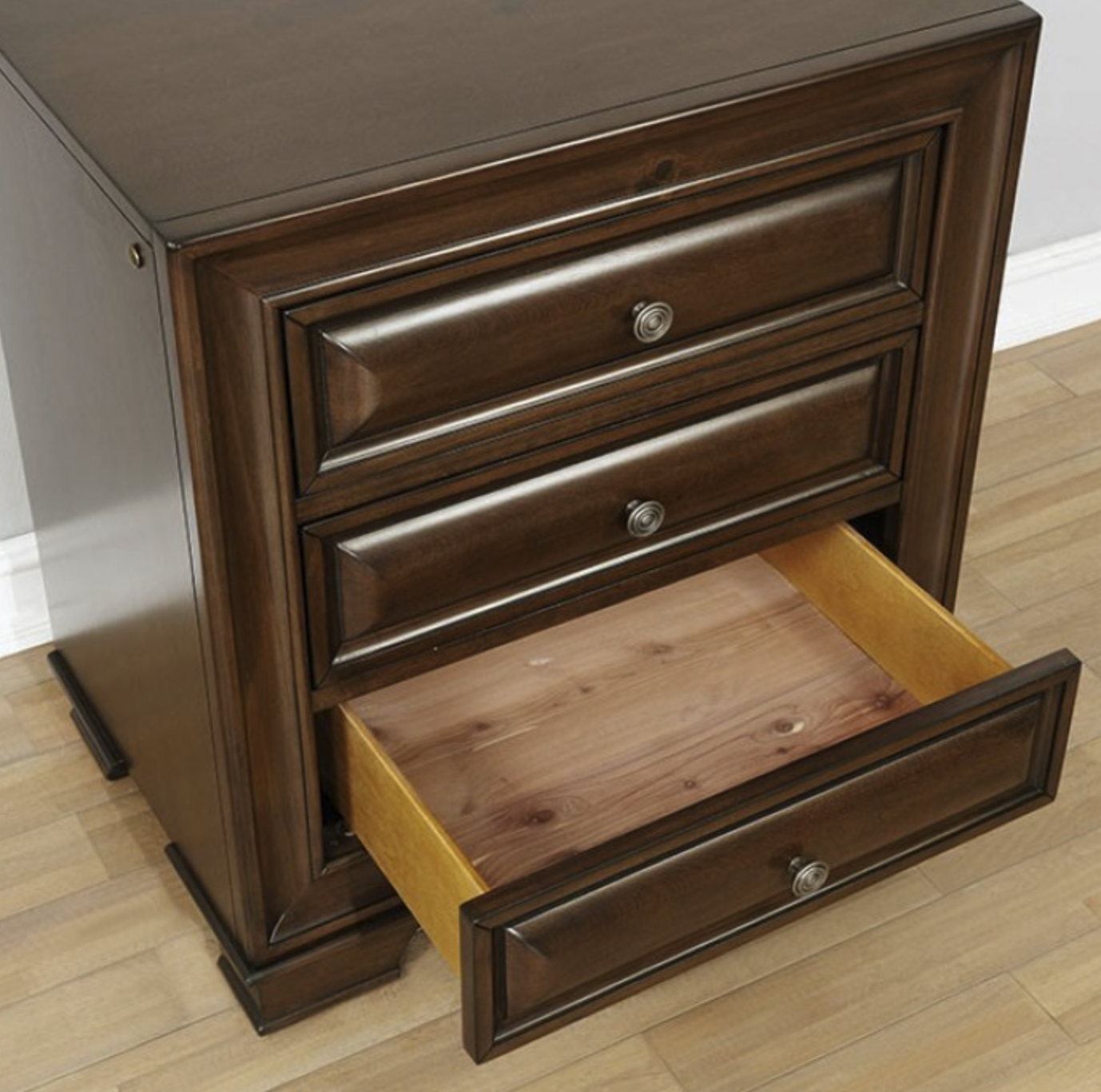 Brandt 3-Drawer Nightstand with Cedar Lined Drawers in Brown Cherry