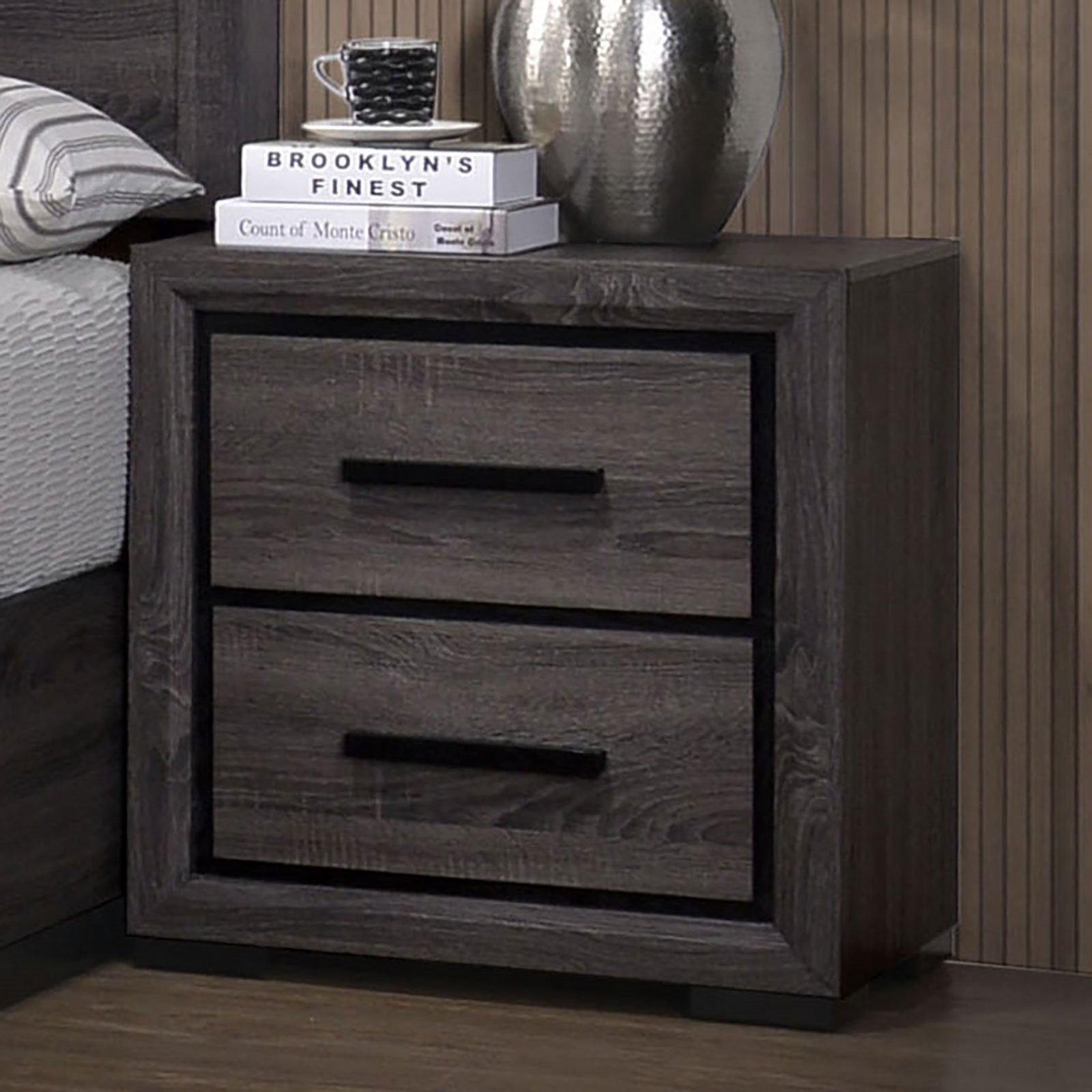 Conwy Nightstand in Smokey Grey with Black Trim