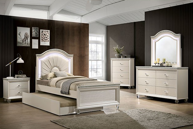 Allie Glam Style Pearl White Twin Bed