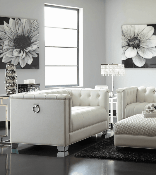 City Modern White Tufted Leatherette Loveseat w- Chrome Feet