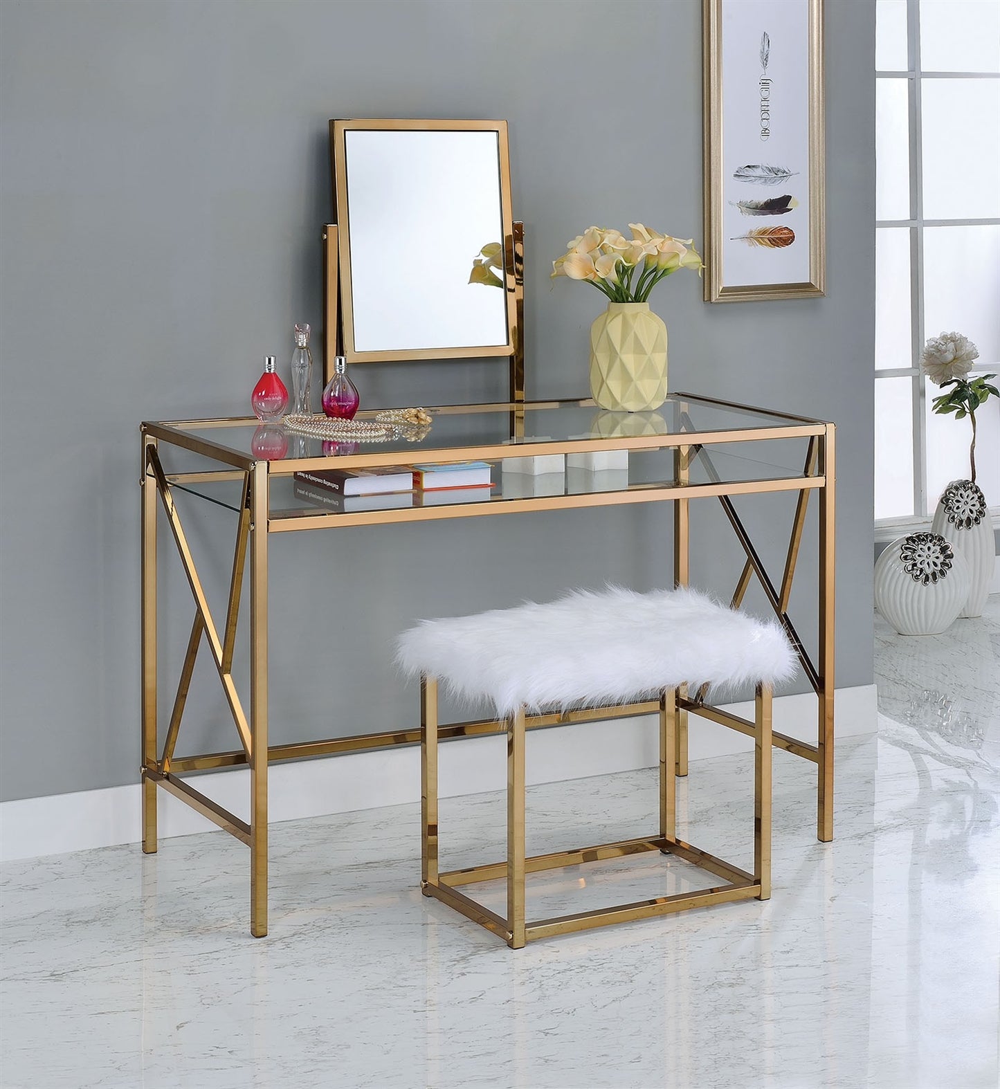 Lismore II Gold Finish Vanity Set W- Stool - Gold