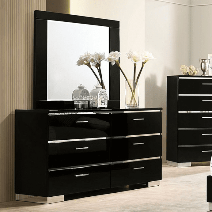 Carlie 6-Drawer Dresser in Black High Gloss Finish w- Silver Accents