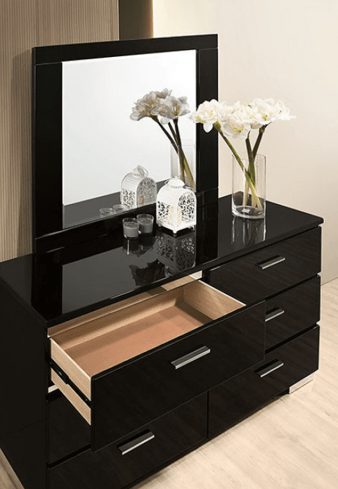 Carlie 6-Drawer Dresser in Black High Gloss Finish w- Silver Accents