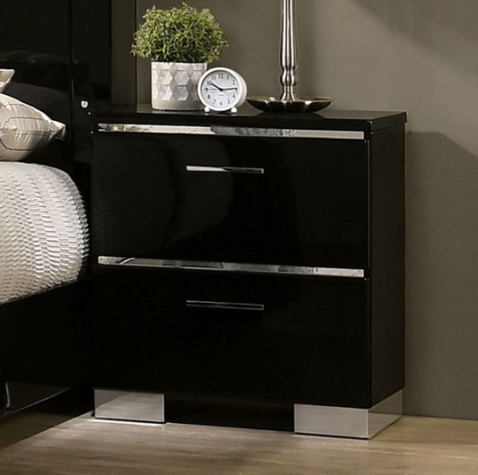 Carlie 2-Drawer Nightstand in Black High Gloss Finish w- Silver Accents