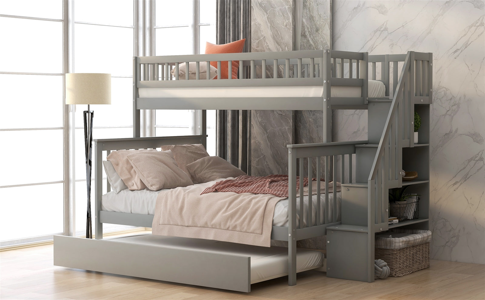 WM Store Twin over Full Bunk Bed with Trundle and Staircase - Gray