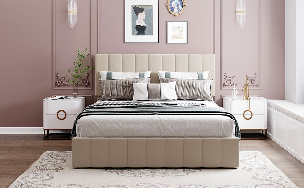 Destiny II Queen Size Beige Linen Platform Bed with Storage