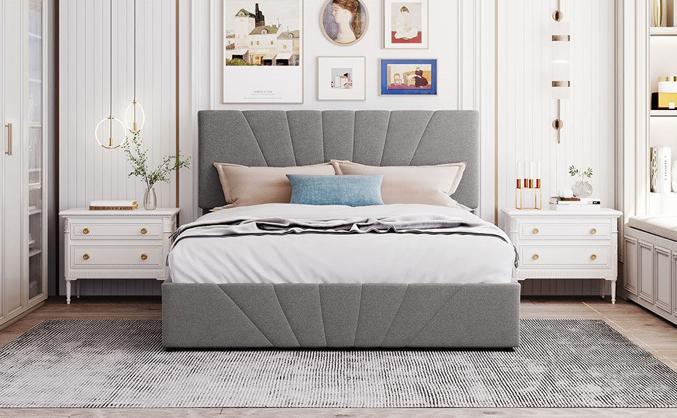 Destiny Queen Size Gray Linen Platform Bed with Storage