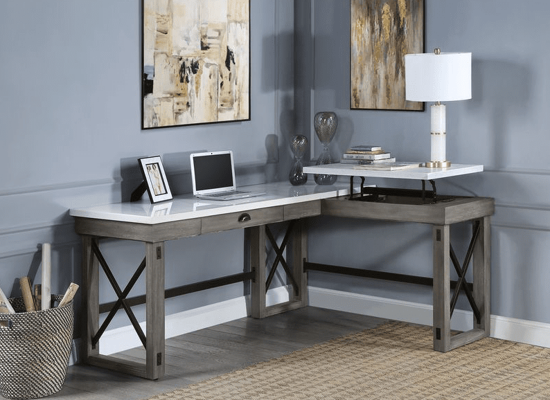 Talmar L Shape Writing Desk with Lift-Storage in Rustic Oak