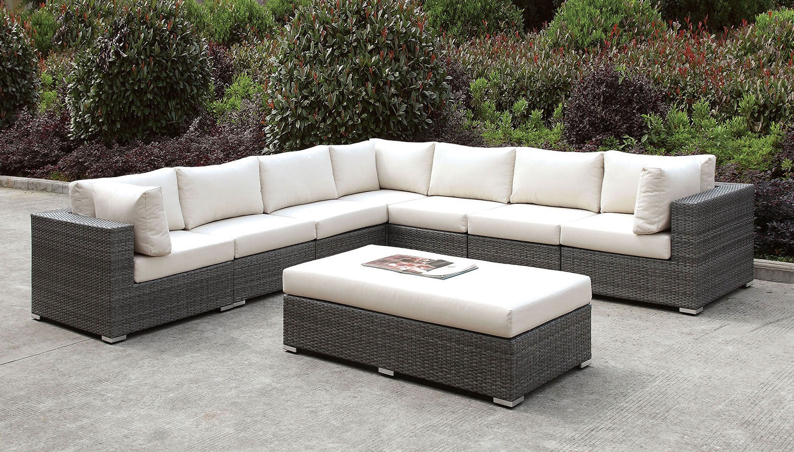 Somani Grey Wicker Patio Sectional W- Bench