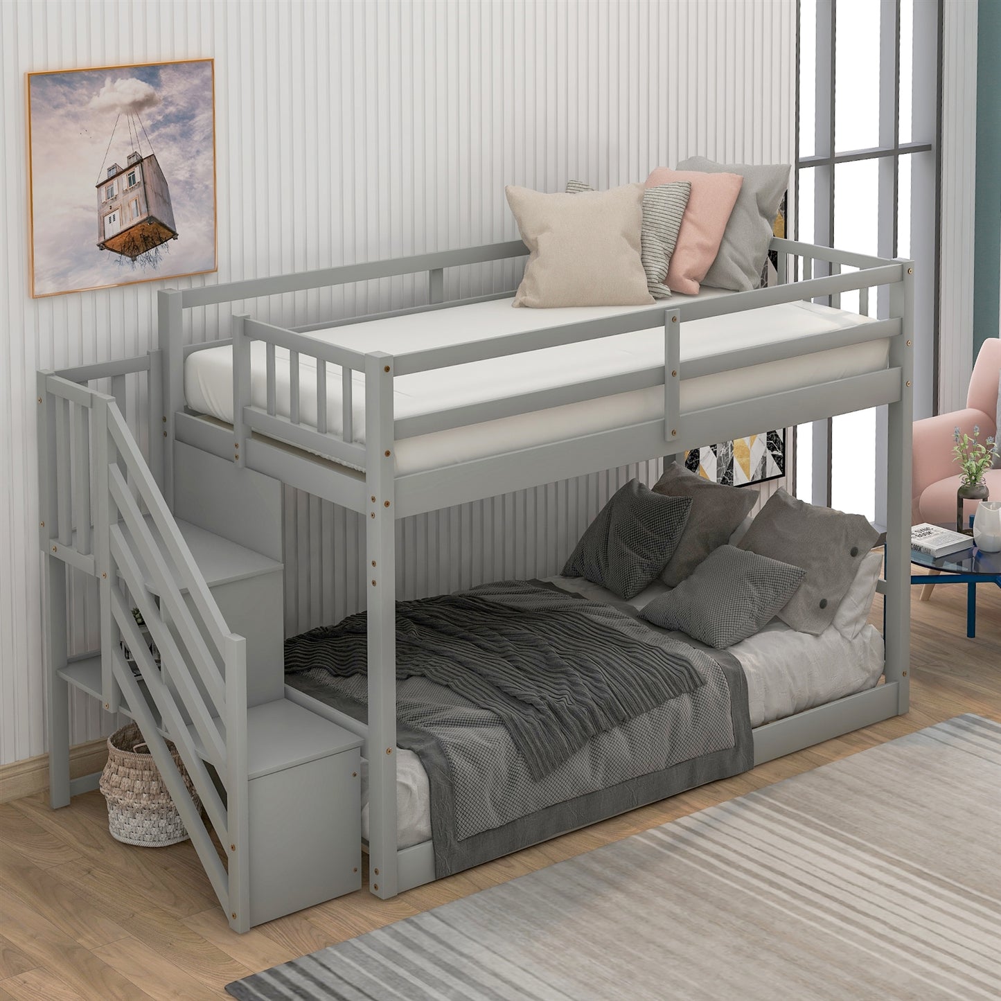 WM Store Twin over Twin Bunk Bed with Storage Staircase - Gray