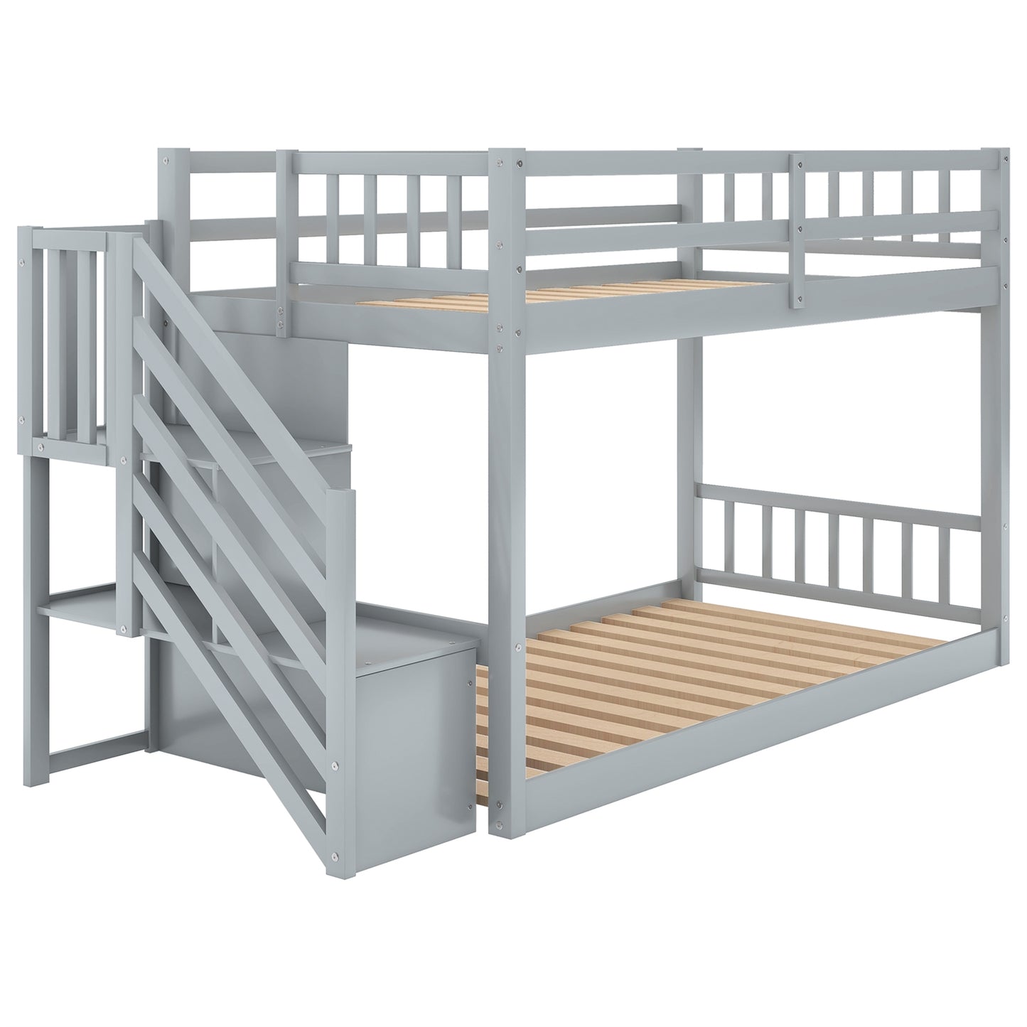 WM Store Twin over Twin Bunk Bed with Storage Staircase - Gray