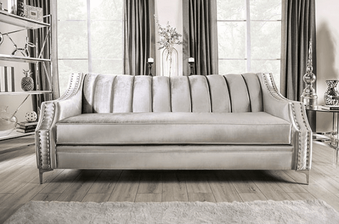 Elicia Transitional Sofa in Reflective Silver Chenille Upholstery