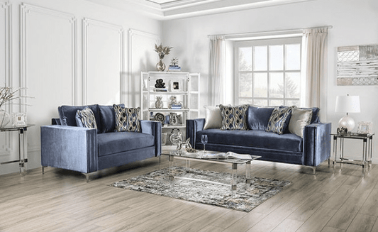 Jodie Transitional Sofa & Loveseat Set in Satin Blue Microfiber