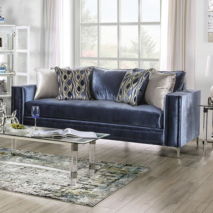 Jodie Contemporary Sofa in Satin Blue-Silver