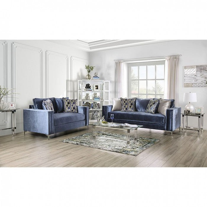 Jodie Contemporary Sofa in Satin Blue-Silver