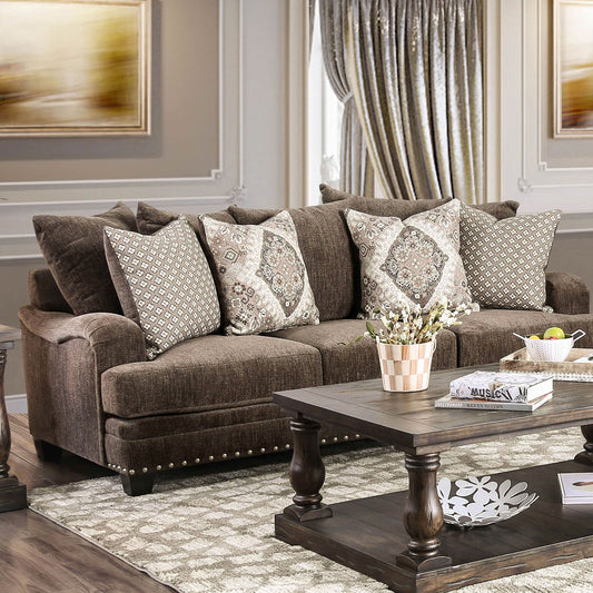 Pauline Transitional Plush Dark Brown Chenille Sofa