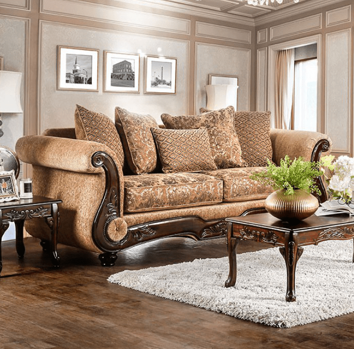 Nicanor Traditional Rolled Arm Sofa in Gold & Tan