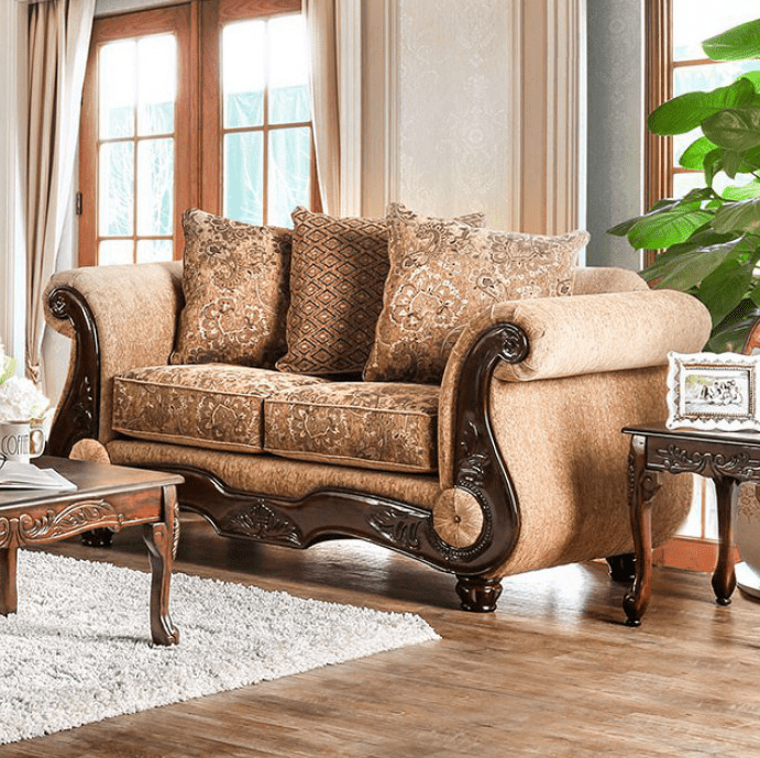 Nicanor Traditional Rolled Arm Sofa in Gold & Tan