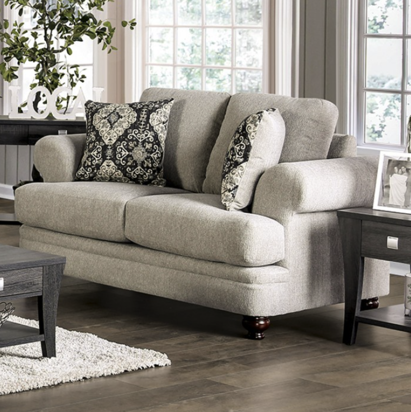 Miramar Transitional Rolled Arm Chenille Sofa in Beige