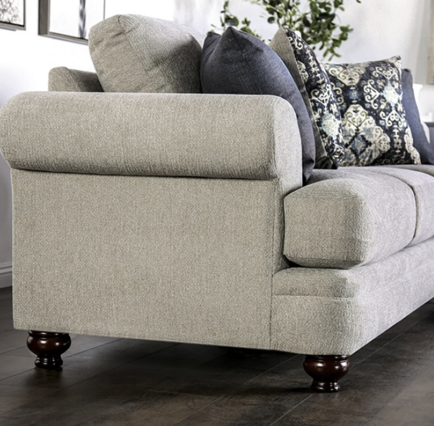 Miramar Transitional Rolled Arm Chenille Sofa in Beige