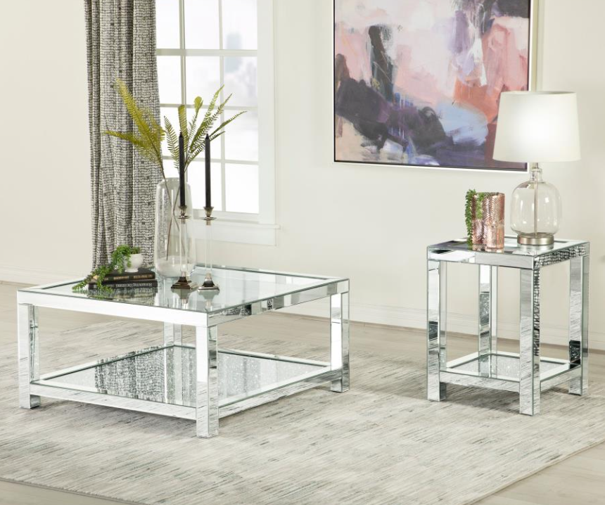 Rectangular Coffee Table with Glass Top Mirror