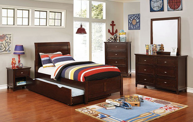 Brogan Transitional Youth Panel Bed in Brown Cherry