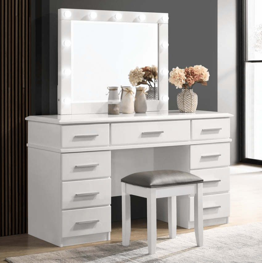 Felicity 9-drawer Vanity Desk with Lighted Mirror Glossy White