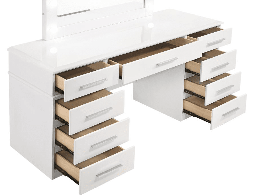 Felicity 9-drawer Vanity Desk with Lighted Mirror Glossy White