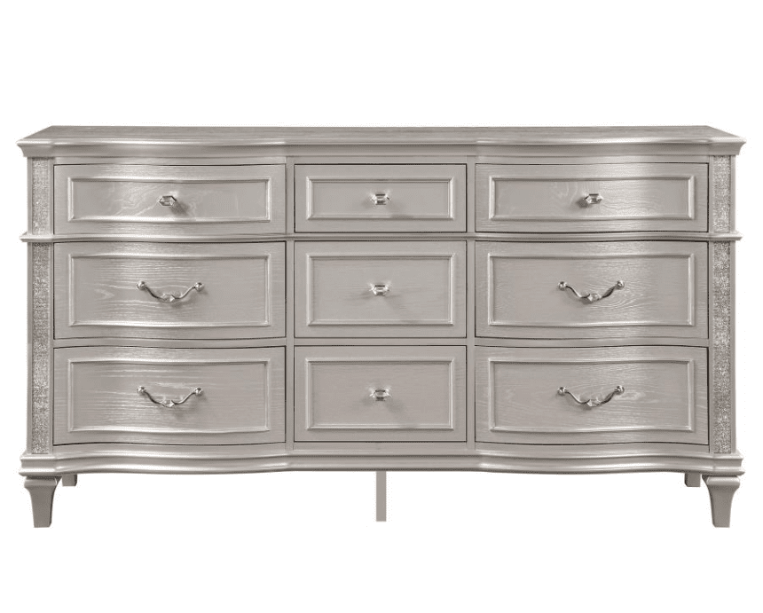 Quinn 9 Drawer Glam Dresser with Removable Jewelry Tray in Silver Oak