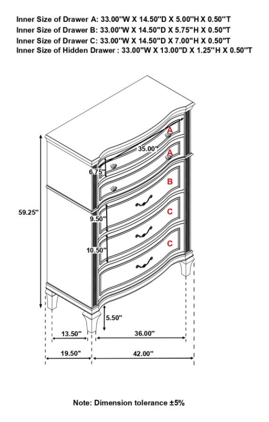 Quinn 5 Drawer Glam Chest with Hidden Drawer in Silver Oak