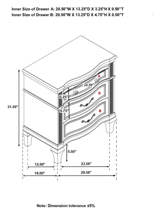 Quinn 3 Drawer Glam Nightstand with USB Charging