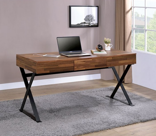 Tensed Industrial Writing Desk in Varied Natural Finish with Black Base